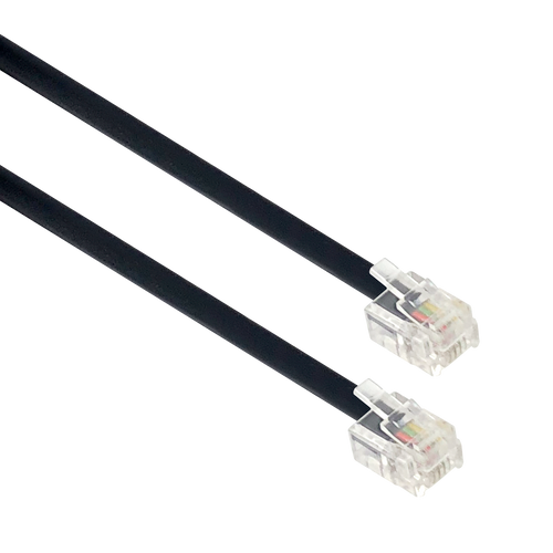 A side angle view of the 2-metre black telephone line cord, showing the RJ11 plugs at each end.