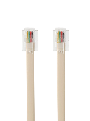 A top-down view of the extra-long ivory RJ11 telephone cord.