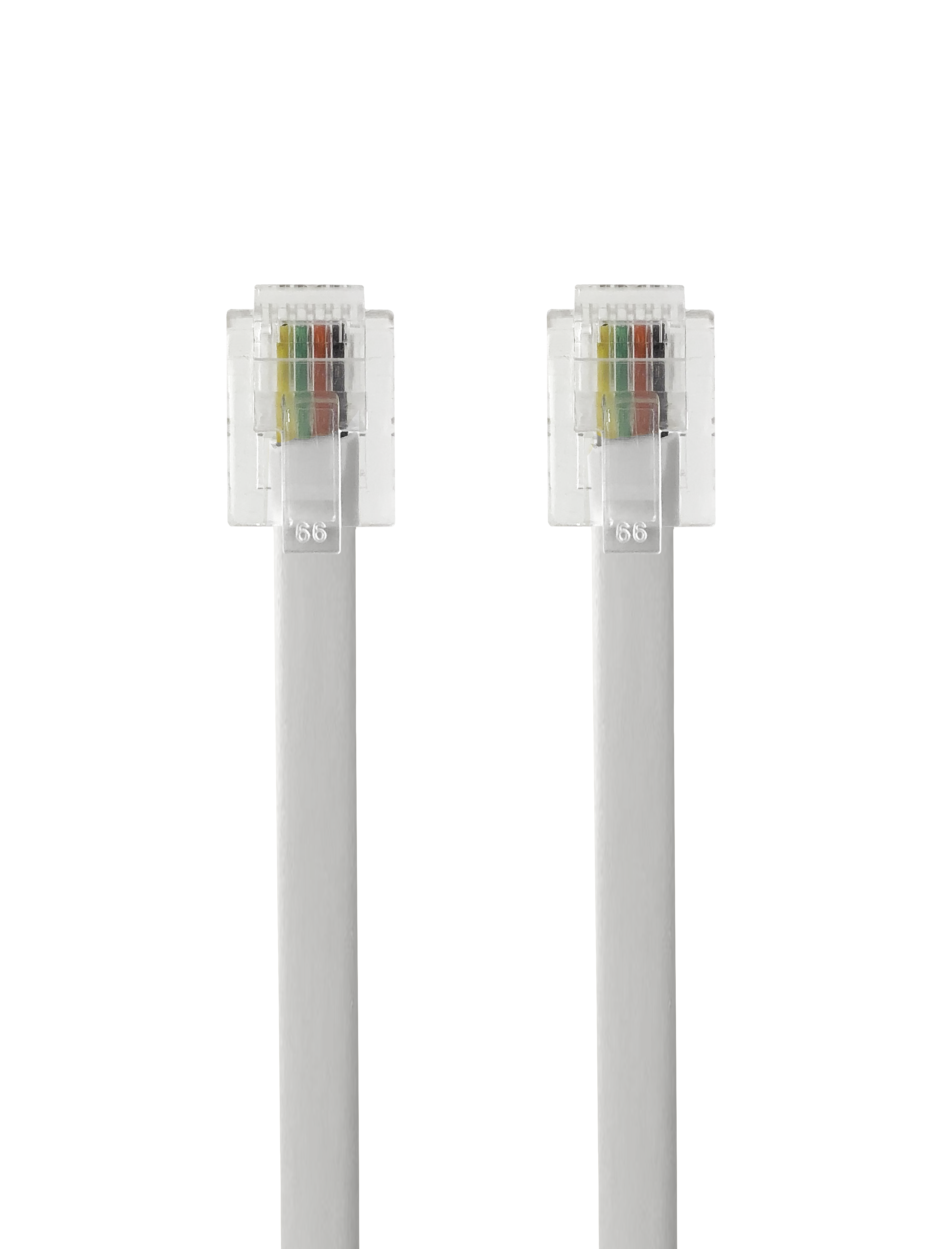 A top-down view of the ivory RJ12 telephone cord.