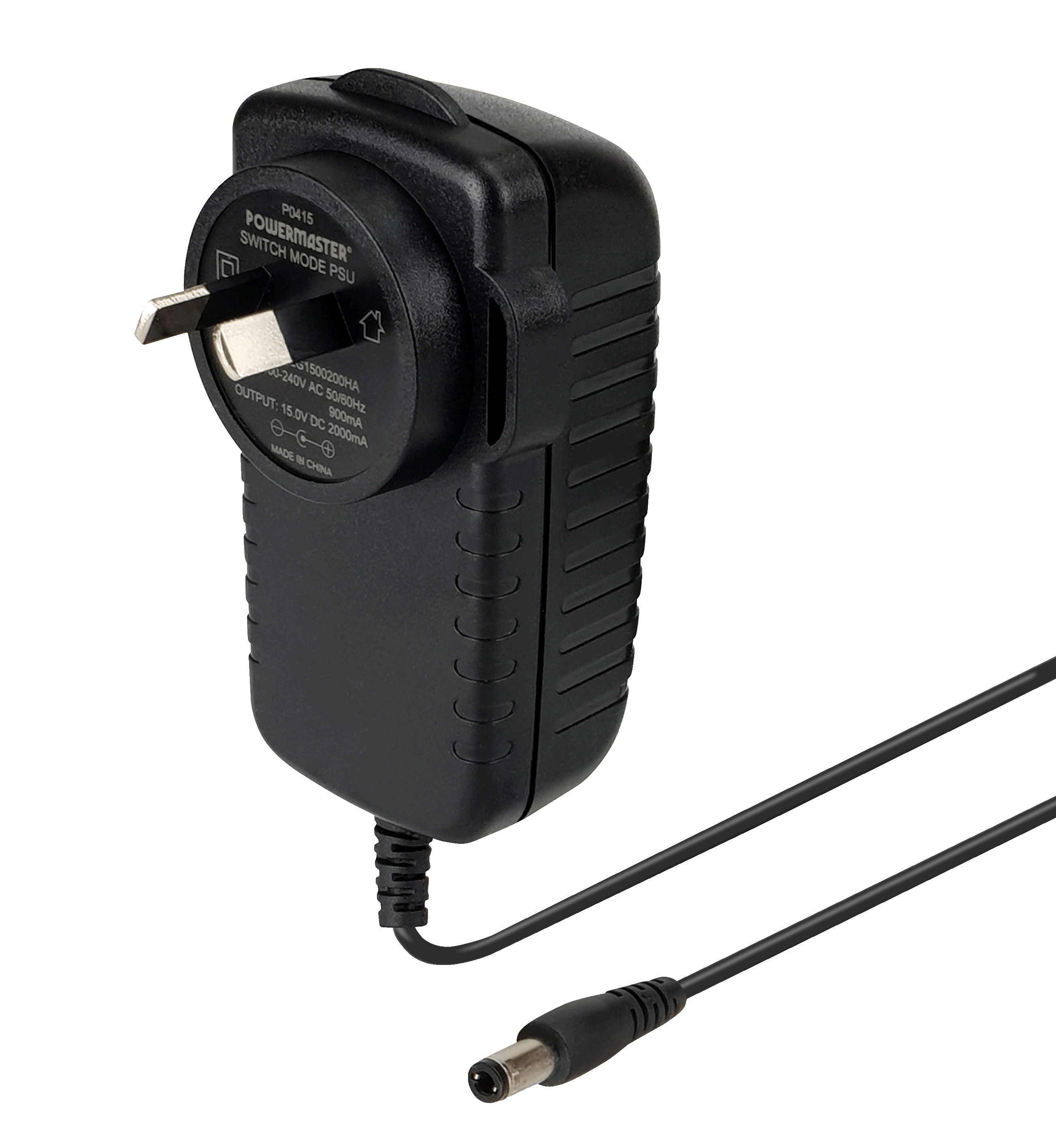 Front view of the 12V DC power adaptor showing the Australian plug and 2.1mm output plug.