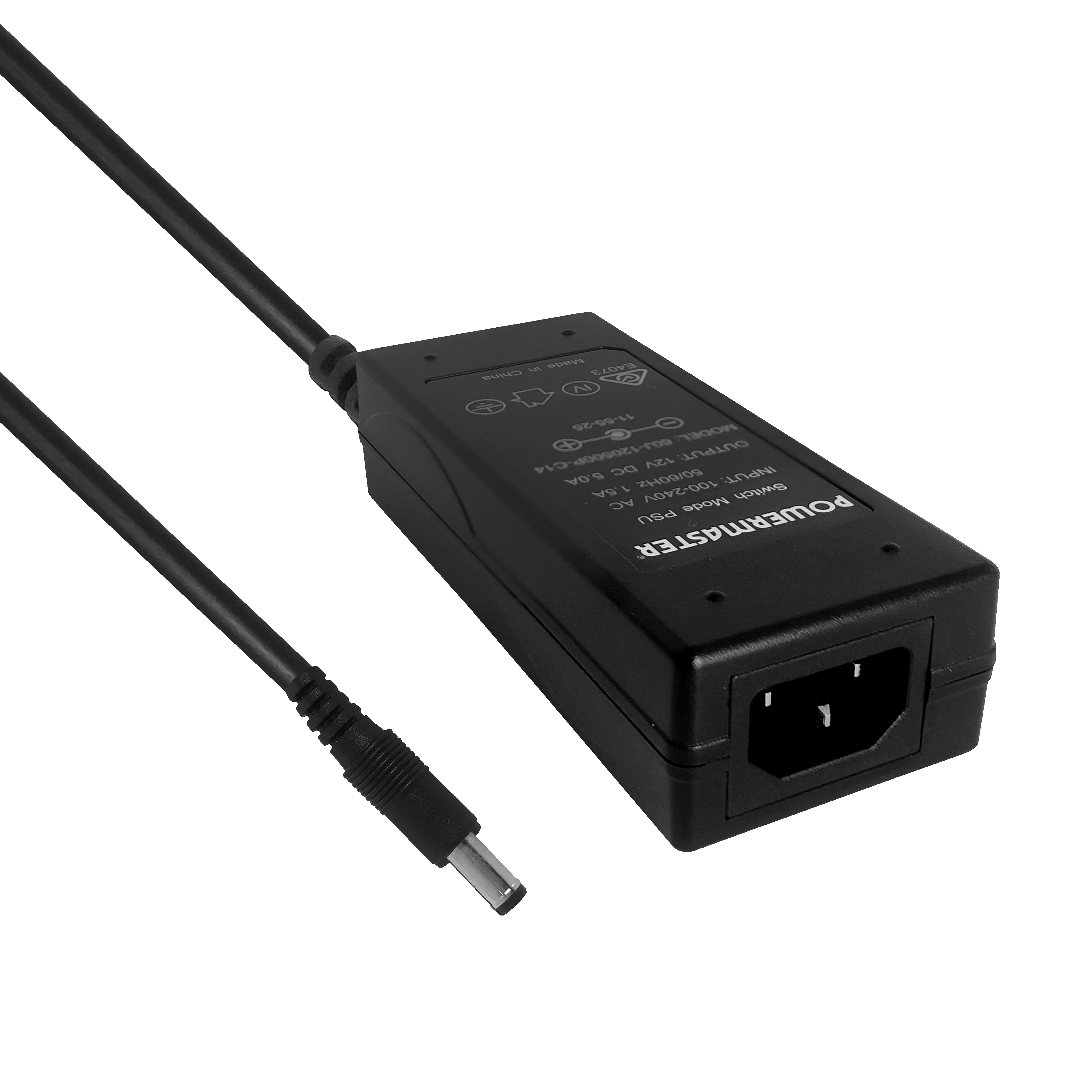 Side view of 12V 5A In-Line DC Power Supply unit showing IEC input socket and output cable with 2.1mm plug.