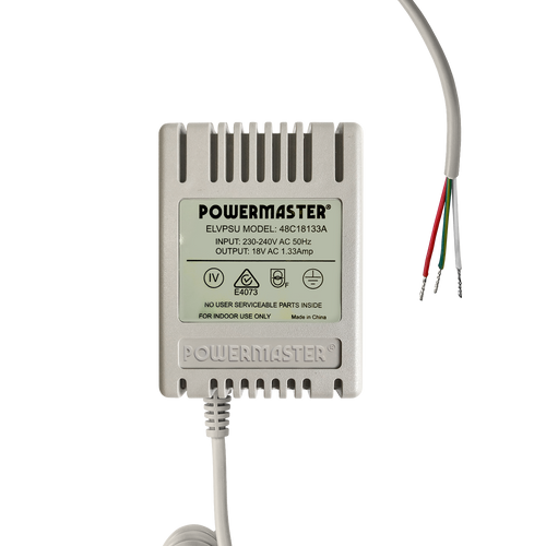 Top back view of the 18V AC power supply showing the Powermaster logo and tinned cables.