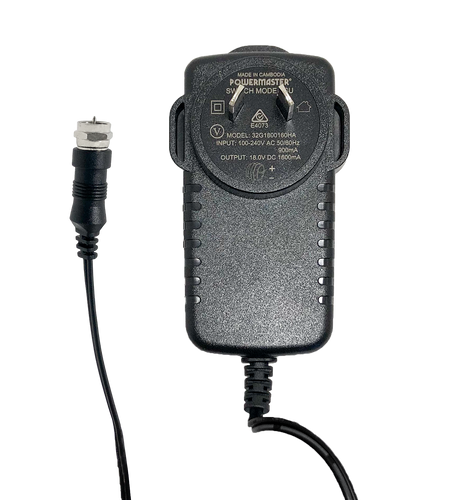 Front view of the 18V DC power adaptor showing the Australian plug and F-Type output plug.