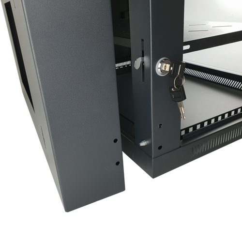 Detailed close-up of the front door key lock on the 9RU swing frame cabinet.