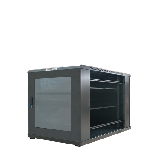 9RU cabinet viewed from the side with the removable panel detached.