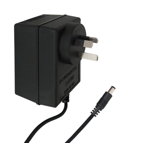 Side profile of the 24V AC power supply, showing the Australian pins and 2.1mm output plug.