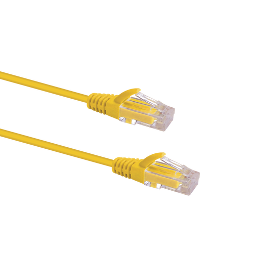 Profile view of the snagless boot on a 0.25m Yellow Datamaster slim Cat6 patch cable, highlighting its ultra-thin design.