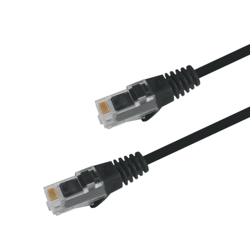 Underside view of the RJ45 connector on a 1.5m Black slim Cat6 cable, showing the flexible, protected locking tab.