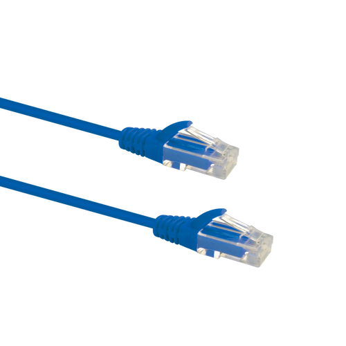 Profile view of the snagless boot on a 1.5m Blue Datamaster slim Cat6 patch cable, highlighting its ultra-thin design.