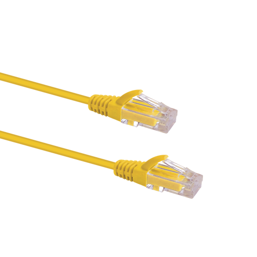 Profile view of the snagless boot on a 1.5m Yellow Datamaster slim Cat6 patch cable, highlighting its ultra-thin design.