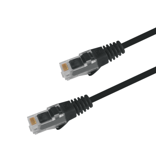 Underside view of the RJ45 connector on a 0.5m Black slim Cat6 cable, showing the flexible, protected locking tab.