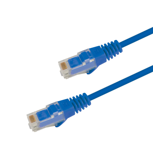 Underside view of the RJ45 connector on a 0.5m Blue slim Cat6 cable, showing the flexible, protected locking tab.