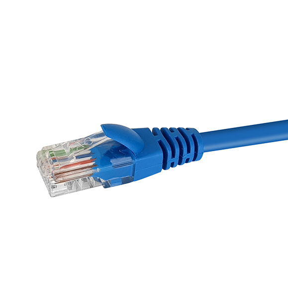 Close-up of the snagless boot and RJ45 connector on a 1m Blue Datamaster Cat5e Ethernet patch cable.