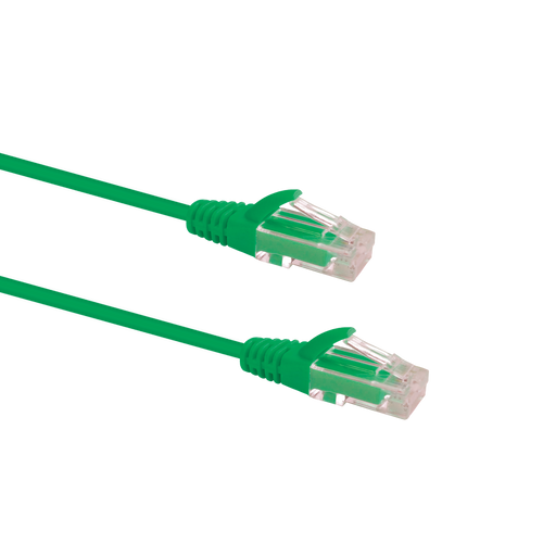 Profile view of the snagless boot on a 1m Green Datamaster slim Cat6 patch cable, highlighting its ultra-thin design.