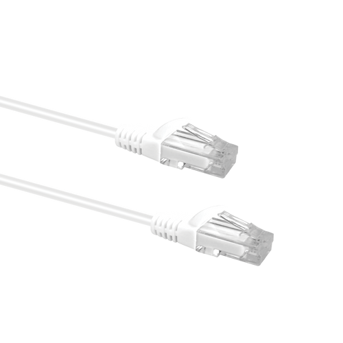 Profile view of the snagless boot on a 1m White Datamaster slim Cat6 patch cable, highlighting its ultra-thin design.