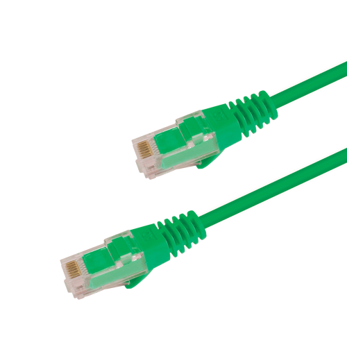 Underside view of the RJ45 connector on a 2m Green slim Cat6 cable, showing the flexible, protected locking tab.