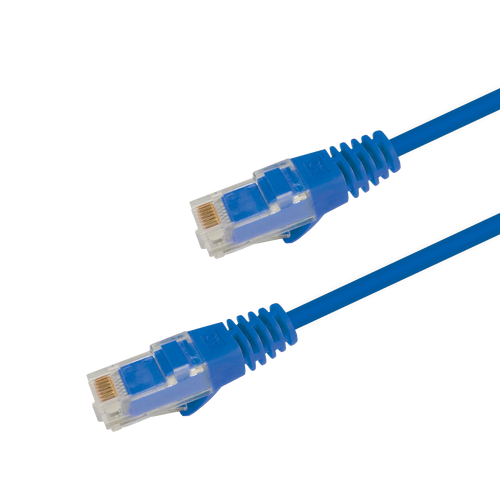 Underside view of the RJ45 connector on a 3m Blue slim Cat6 cable, showing the flexible, protected locking tab.