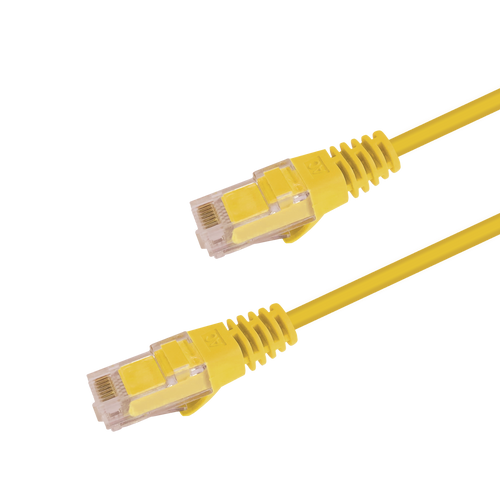 Underside view of the RJ45 connector on a 5m Yellow slim Cat6 cable, showing the flexible, protected locking tab.