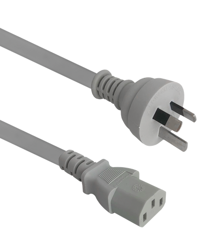 Side angled view of the 2-metre ash grey power cord, showing the IEC-C13 connector and the Australian 3-pin plug.