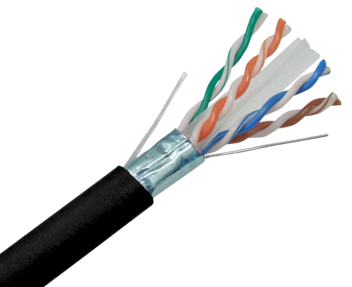 A close-up cross-section of the shielded outdoor Cat6 FTP cable, showing the foil shield, drain wire, and four twisted pairs within the black UV-stabilised jacket.