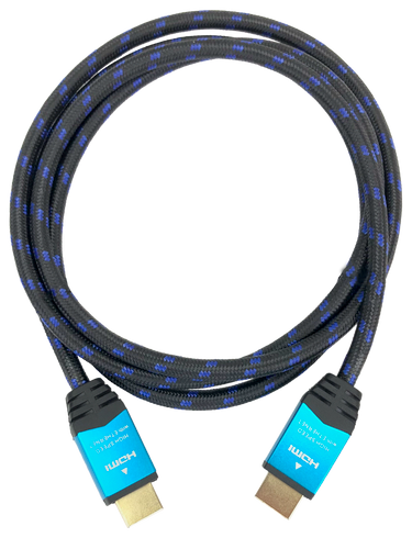 A top-down view of the 1-metre braided HDMI cable, coiled to show both gold-plated ends.