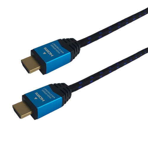 A side-angled view of the HDMI cable, highlighting the durable fabric sleeve.