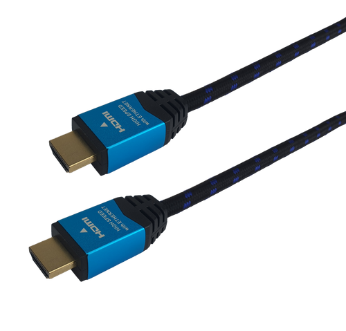 A side-angled view of the HDMI cable, highlighting the durable fabric sleeve.