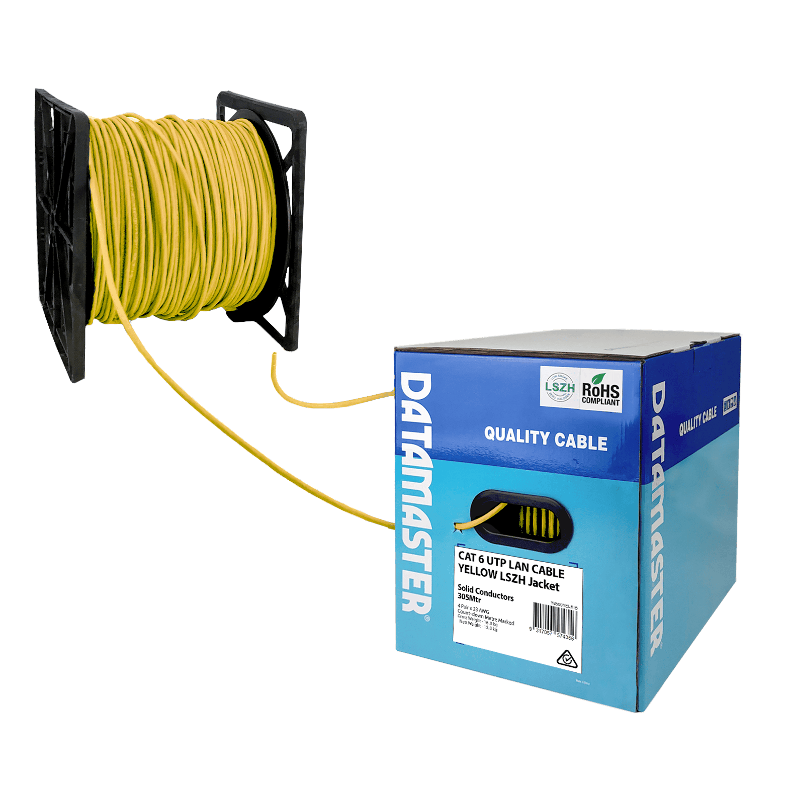 The Datamaster® Reel-in-Box with the Yellow Cat6 solid UTP cable being dispensed smoothly from the packaging.