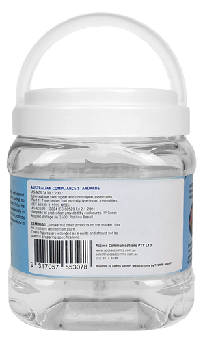 The rear of the 1kg Gemini Gel tub with technical specifications and safety data.