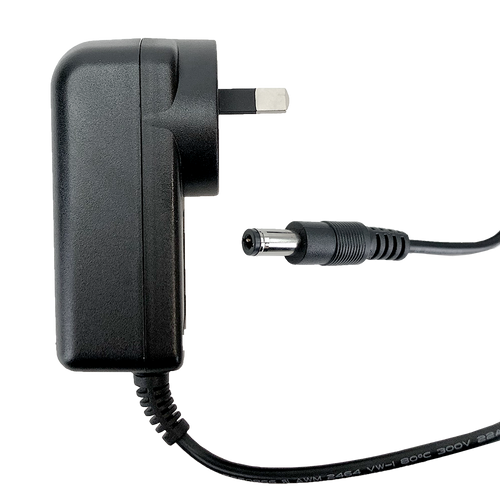 Close-up of the 2.1mm centre-positive DC output plug.