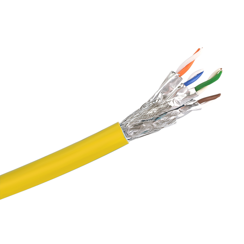 A side view close-up showing the premium construction of the Cat6a S/FTP cable, with its overall braid, foil-wrapped pairs, and yellow LSZH jacket.