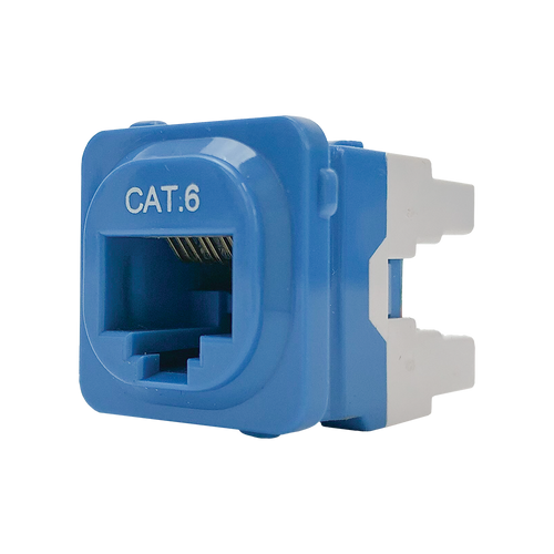 A side profile of the blue Cat6 IDC data jack showing the RJ45 socket.