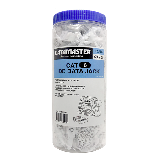 The Datamaster workshop jar containing 50 white Cat6 IDC data jacks.