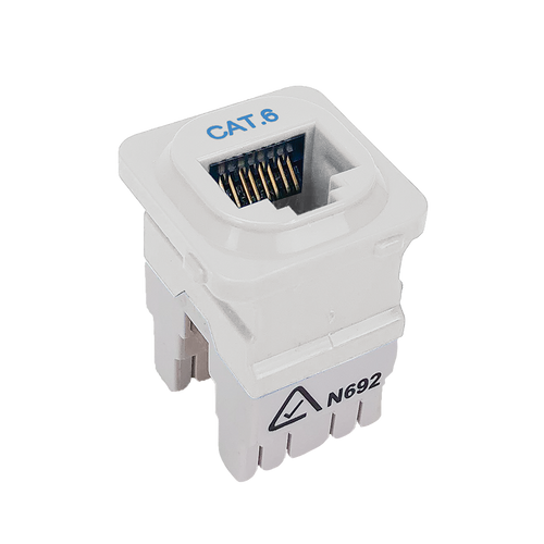 An upright side view of the white Cat6 data jack showing its height.