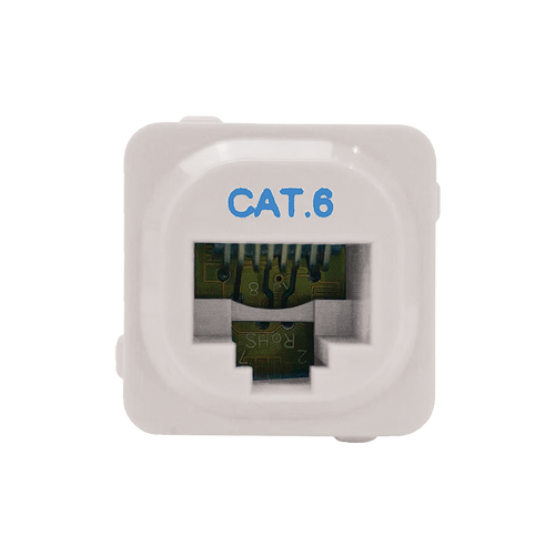 A top-down view of the Cat6 data jack showing the RJ45 socket.