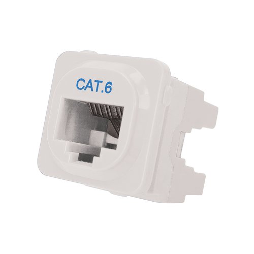 A detailed side profile of the white Cat6 IDC data jack.
