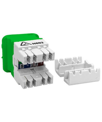 A view of the rear of the green Cat5e data jack, showing the IDC termination points.