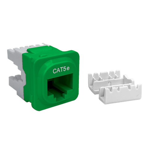 A side profile of the green Cat5e IDC data jack, showing the termination block cover.