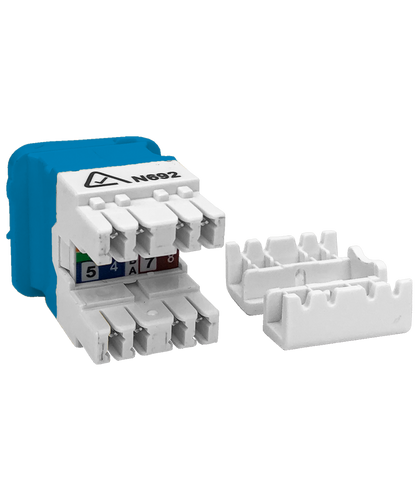 A view of the rear of the blue Cat5e data jack, showing the IDC termination points.