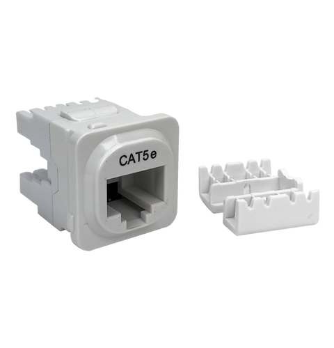 A side profile of the white Cat5e IDC data jack, showing the termination block cover.