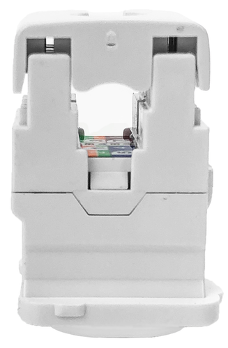 A top-down side view of the white Cat5e IDC jack.