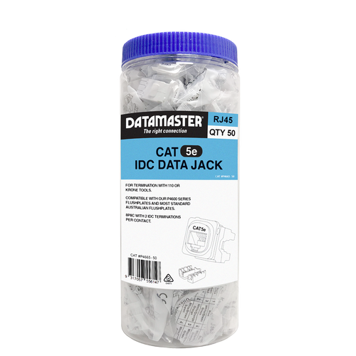 The convenient Datamaster jar containing 50 white Cat5e data jacks.