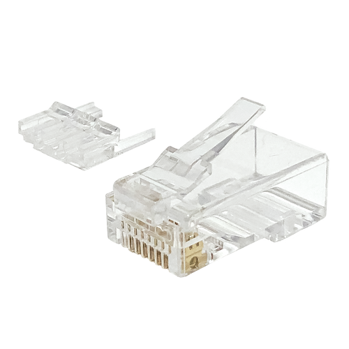 An image showing the two separate components of the Cat6 plug: the main body and the cable guide load bar.