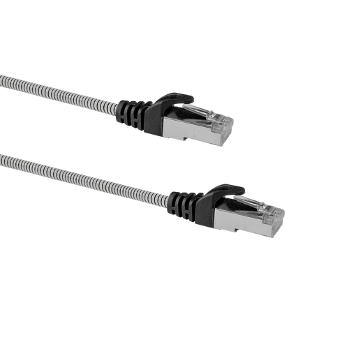 Close-up side angle of two 1m slim armoured Cat6A cables, showing the shielded RJ45 boot and durable outer jacket.