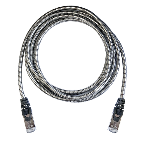 Top-down view of a coiled 2m slim armoured Cat6A patch cable with both shielded RJ45 connectors visible.