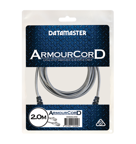The 2m slim armoured Cat6A patch cable in its official Datamaster retail hang-cell packaging