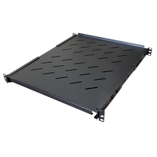 Angled perspective view of the black adjustable vented server shelf.