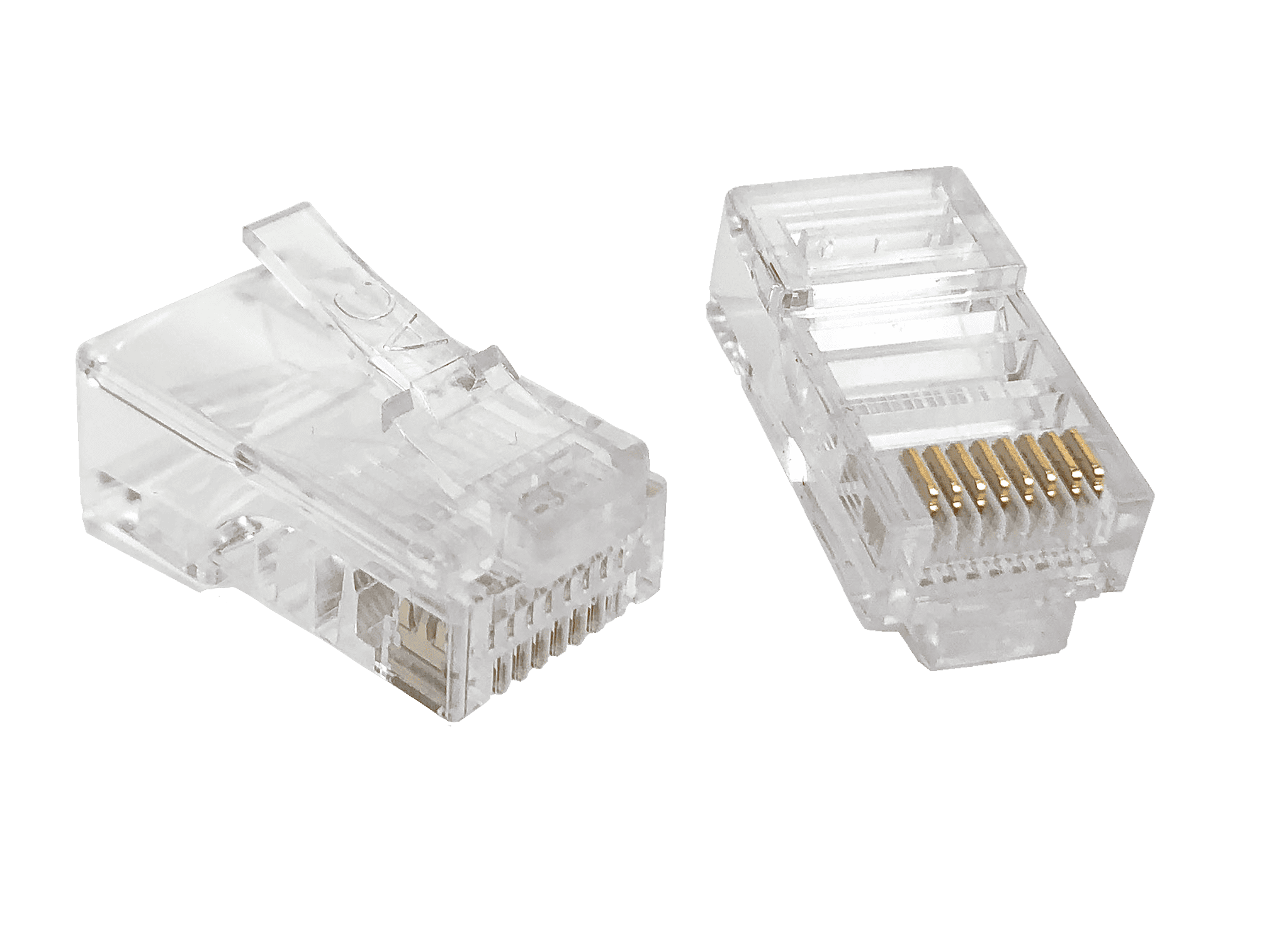 A close-up view of two universal Cat5e RJ45 plugs, one showing the top and the other showing the 50µm gold contacts on the underside.