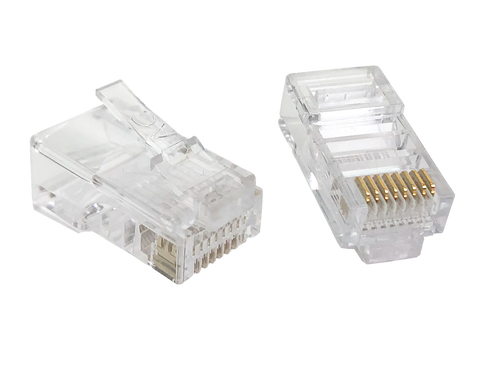 A close-up view of two universal Cat5e RJ45 plugs, one showing the top and the other showing the 50µm gold contacts on the underside.