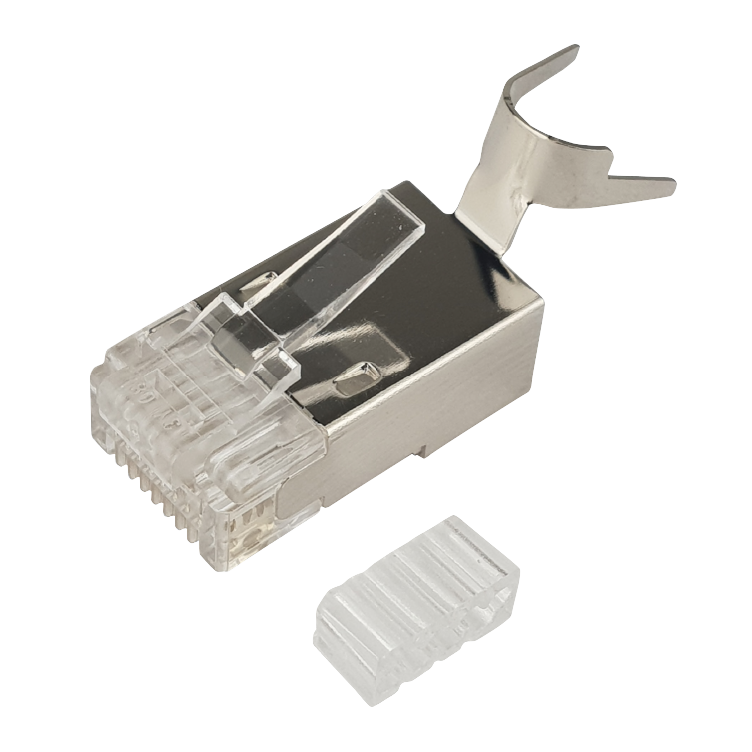 An angled front view of the 2-piece shielded RJ45 plug, highlighting its metal casing.